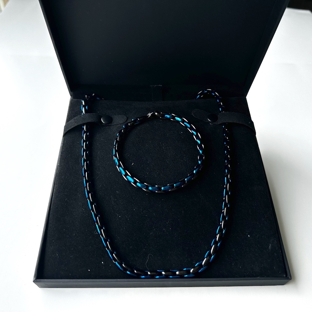 Men’s Solid Stainless Steel Black & Blue Ion Necklace 20” & Bracelet 8.5" Set
